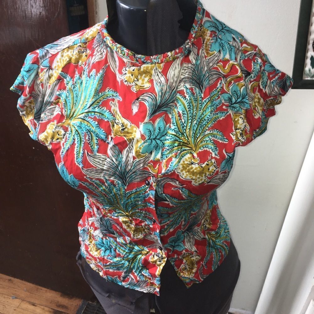 Anthropologie Tiny XS asymmetrical red floral blouse